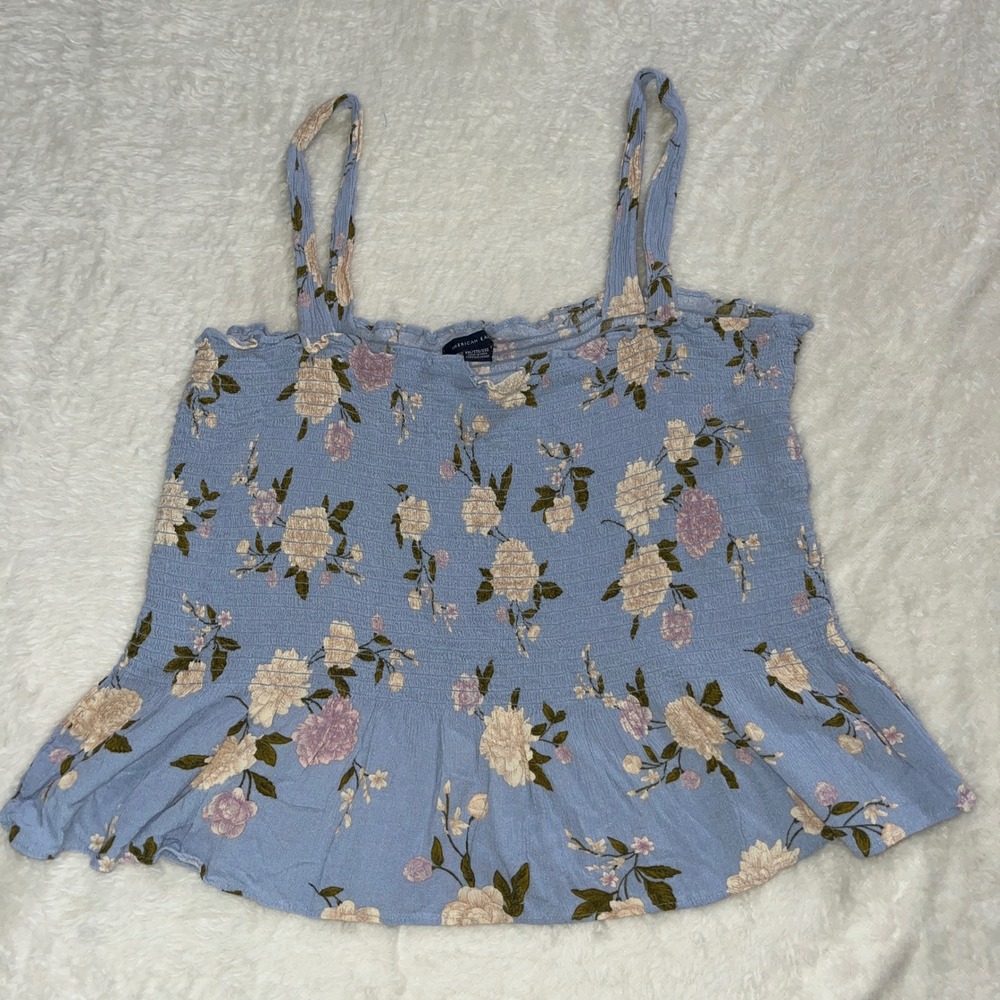 American Eagle Women's XXL Baby Blue Floral Smocked Peplum Tank Top Bohemian